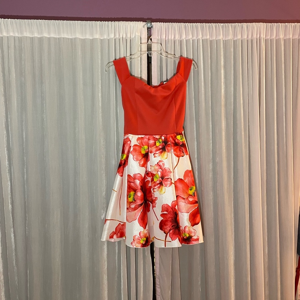 Coral Floral Off the Shoulder Homecoming Dress